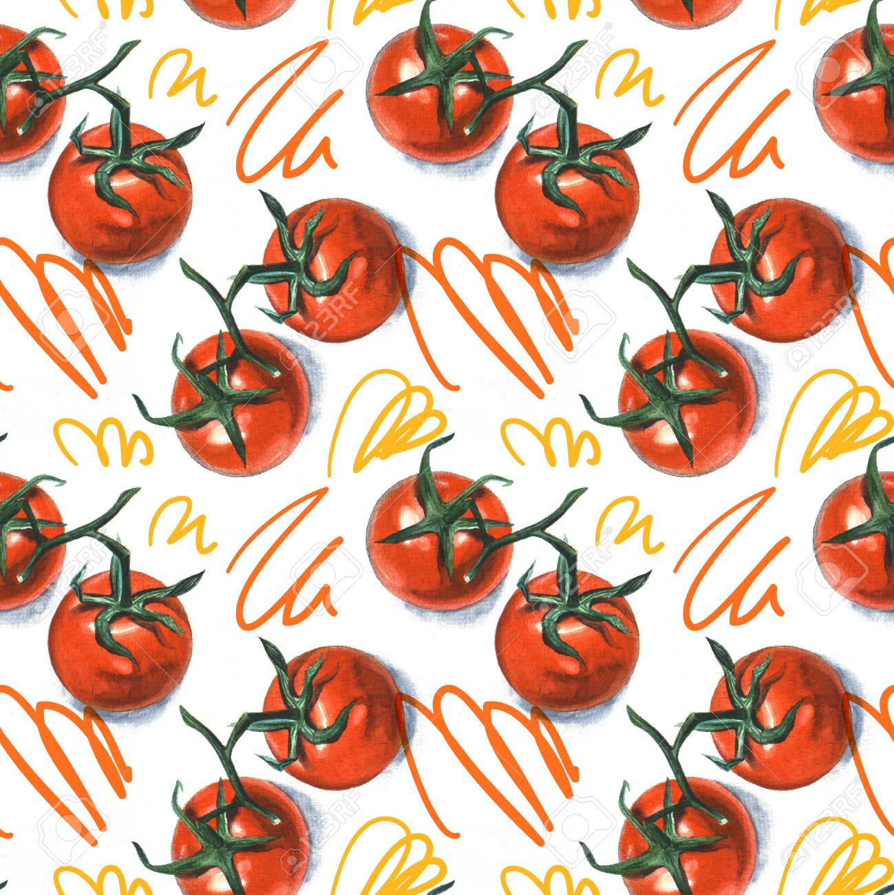シームレス パターン水彩絵画 静物 白い背景の上のトマト の写真素材 画像素材 Image