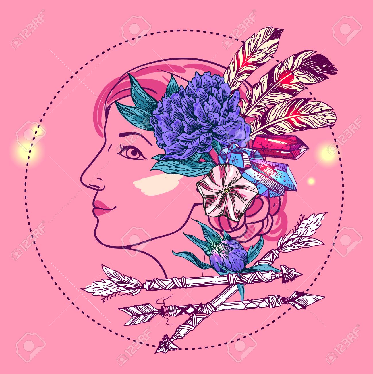 Belle Dessiné à La Main Illustration Visage De Femme Avec Des Fleurs Flèche Et Plumes Portrait Fasion Boho Dessin De Style