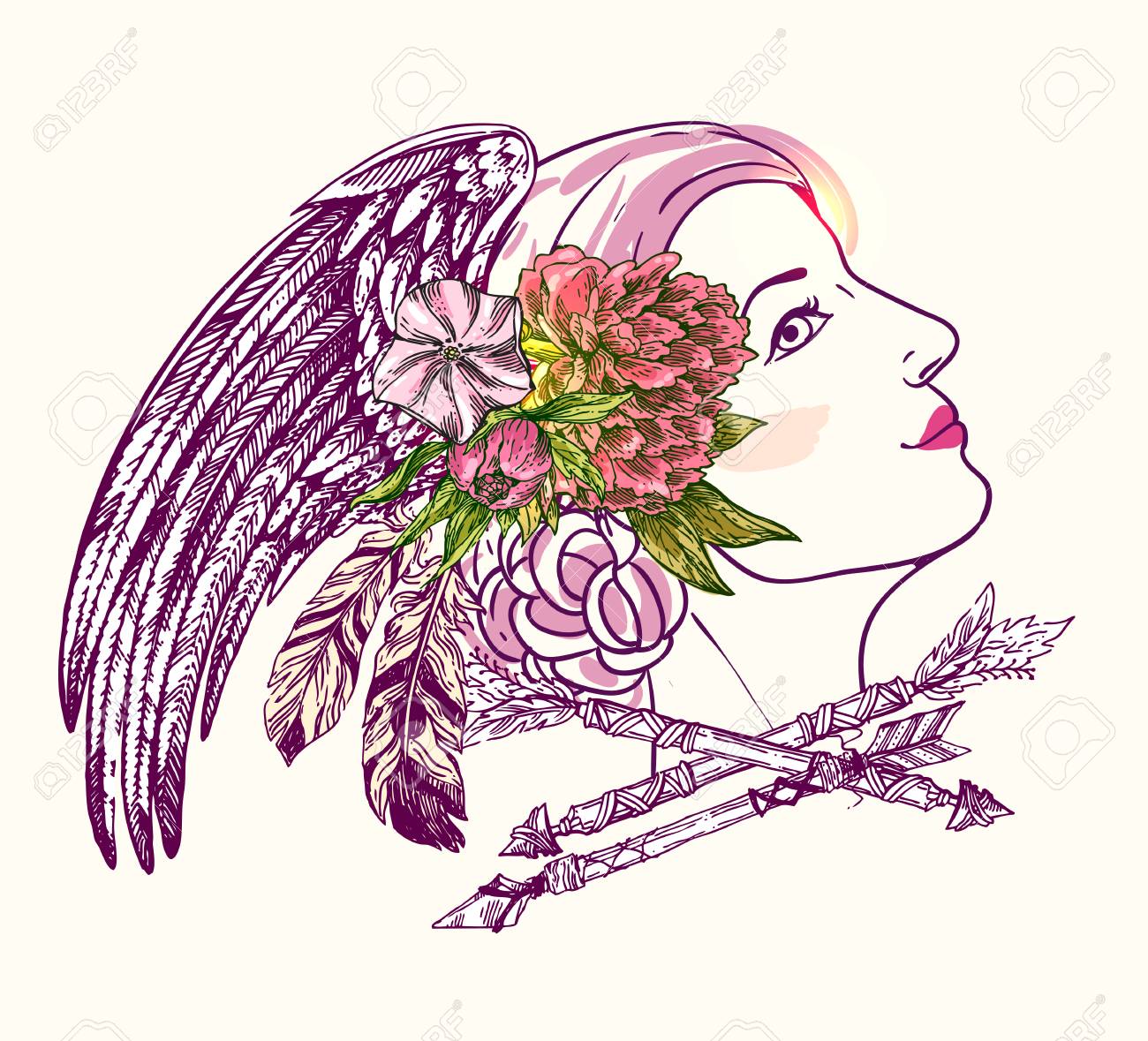 Visage De Femme Illustration Belle Main Dessinée Avec Des Fleurs Des Flèches Et Des Plumes Portrait Fasion Dessin De Style Boho