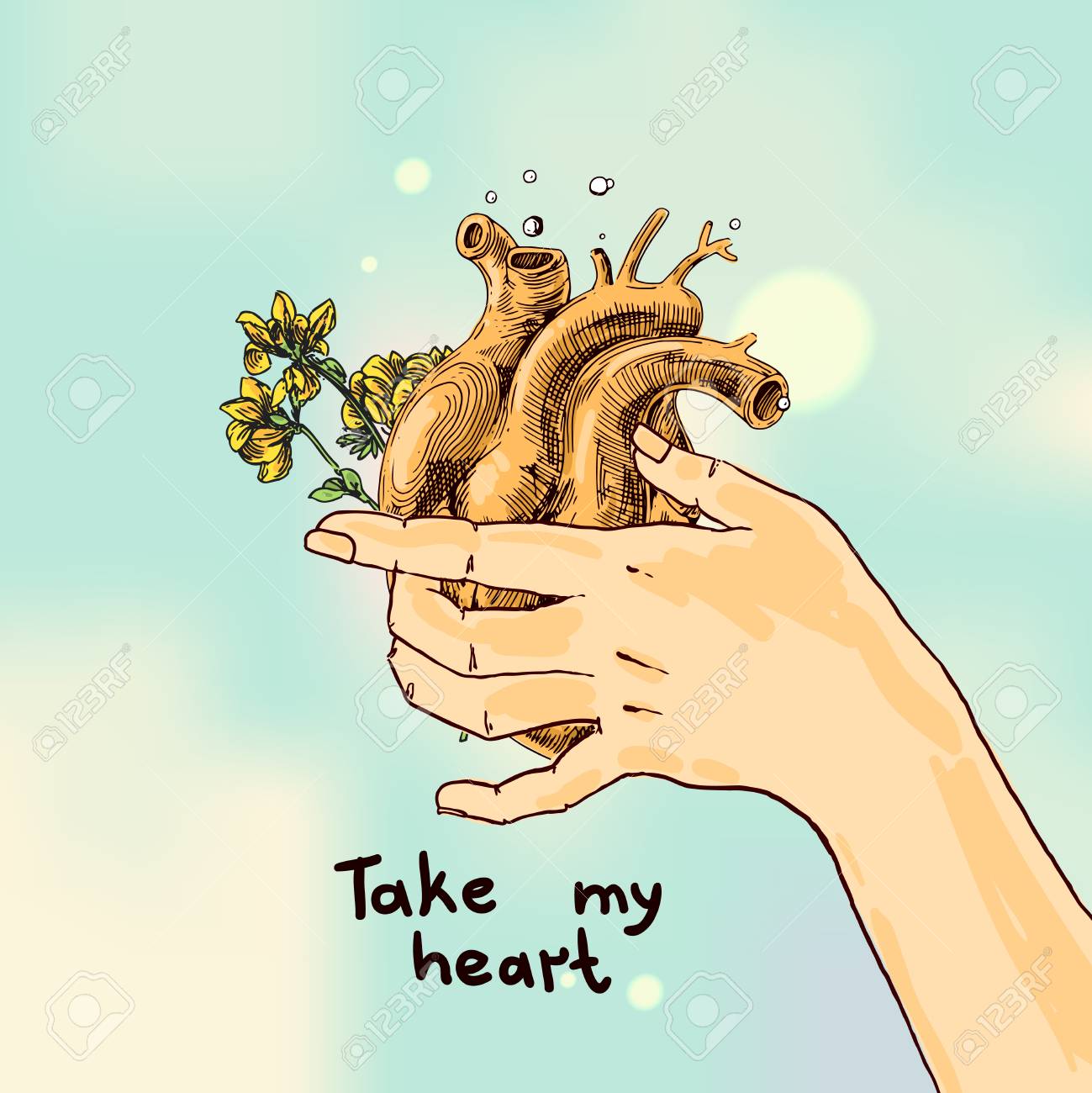 Illustration With Sketch Of Human Heart Hand Drawn Vector Backgroundboho