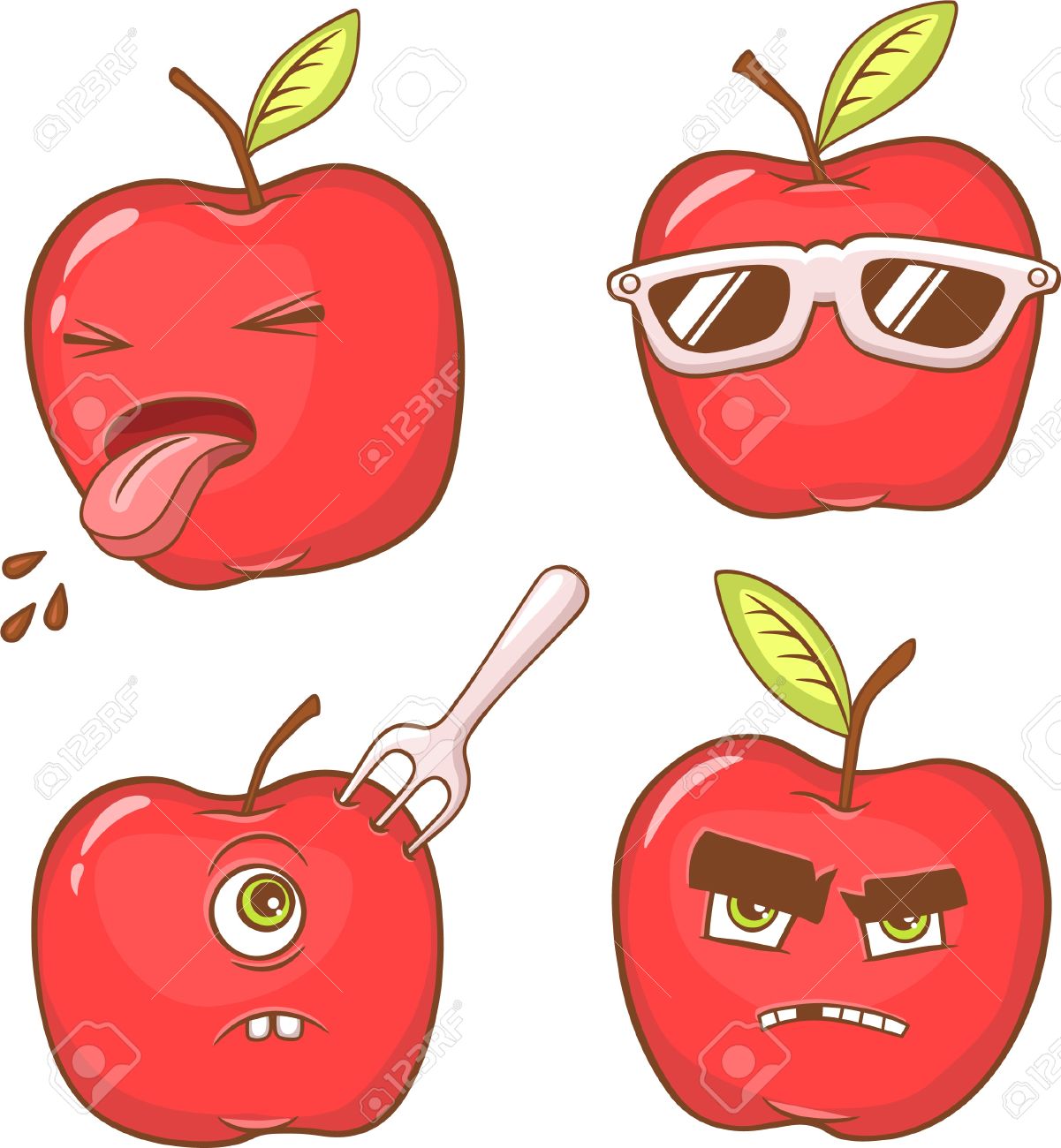 four red apples with diffrent emotions and faces royalty free