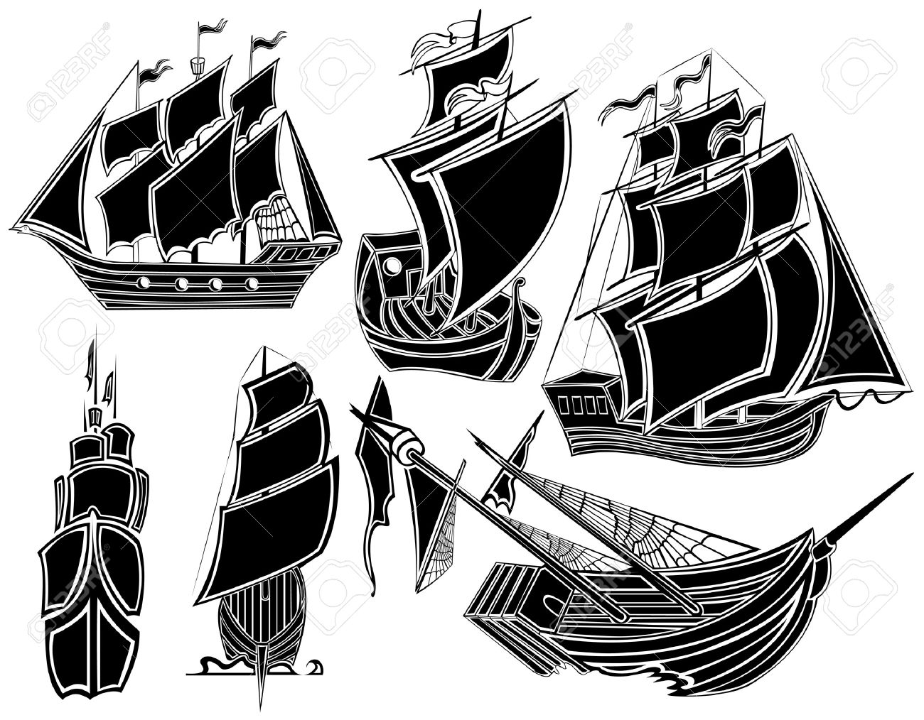 海賊船のボートのシルエット コンパス のイラスト素材 ベクタ Image