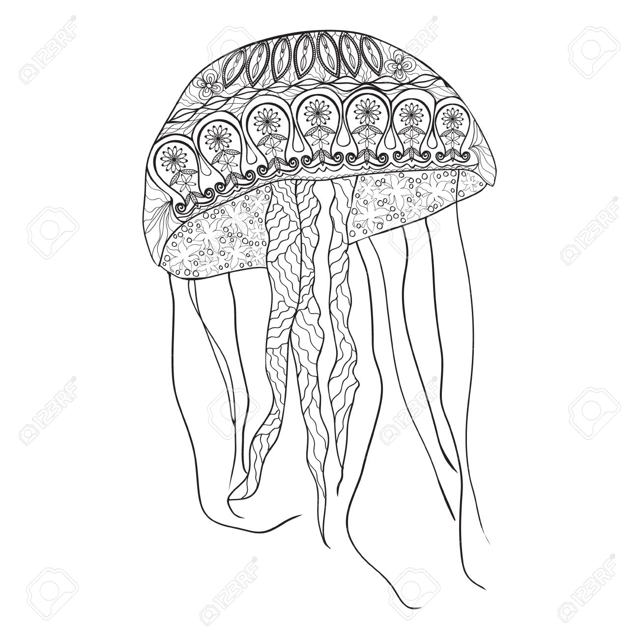 Hand Drawn Jellyfish With Zentangle Doodle Pattern Coloring Page