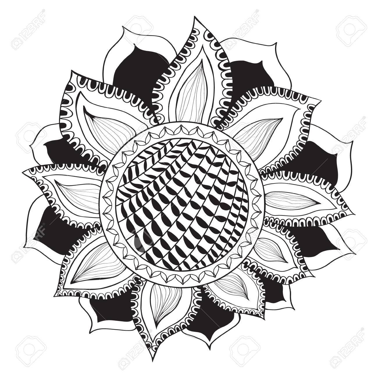 tournesol dans le style de doodle coloriage design pour la meditation les adultes illustration vectorielle isole sur fond blanc griffonnages zen clip art libres droits vecteurs et montertruck