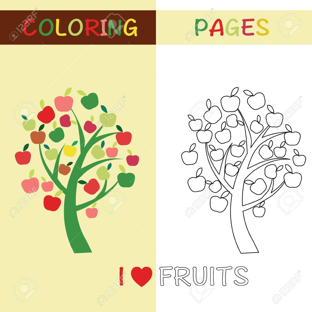 Coloring Pages Outline Apple tree for kids with colorful Apple.. Coloring Pages Outline Apple tree for kids with colorful Apple..