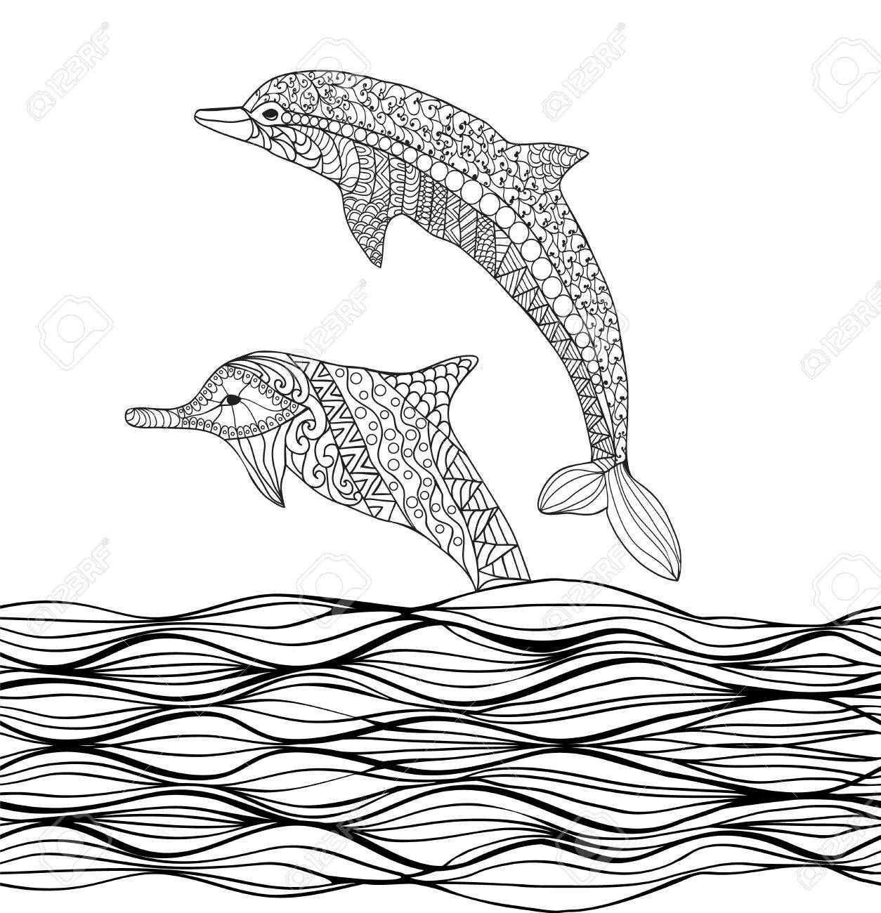 大人の塗り絵の海の波をスクロールに描かれたイルカを手します のイラスト素材 ベクタ Image