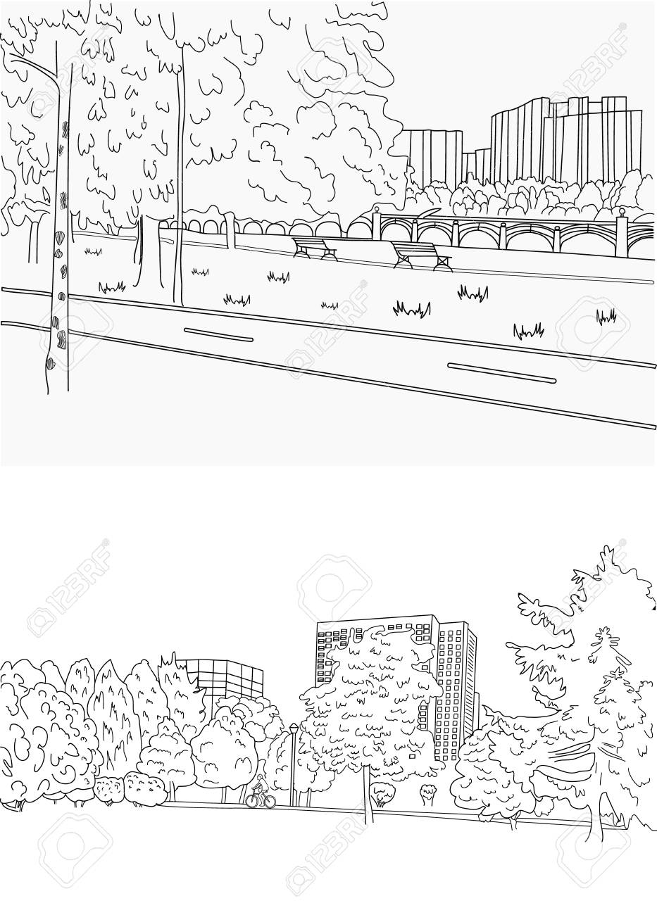 自転車のベクトルパーク自転車道や自転車に乗って 白黒の風景画画を描く のイラスト素材 ベクタ Image