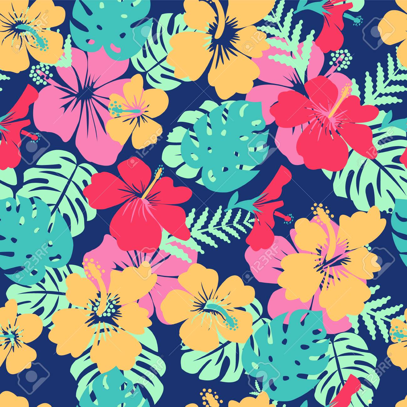 Pattern Of Tropical Leaves And Flowers Hibiscus Flower Hawaii Royalty Free Cliparts Vectors And Stock Illustration Image 114774260