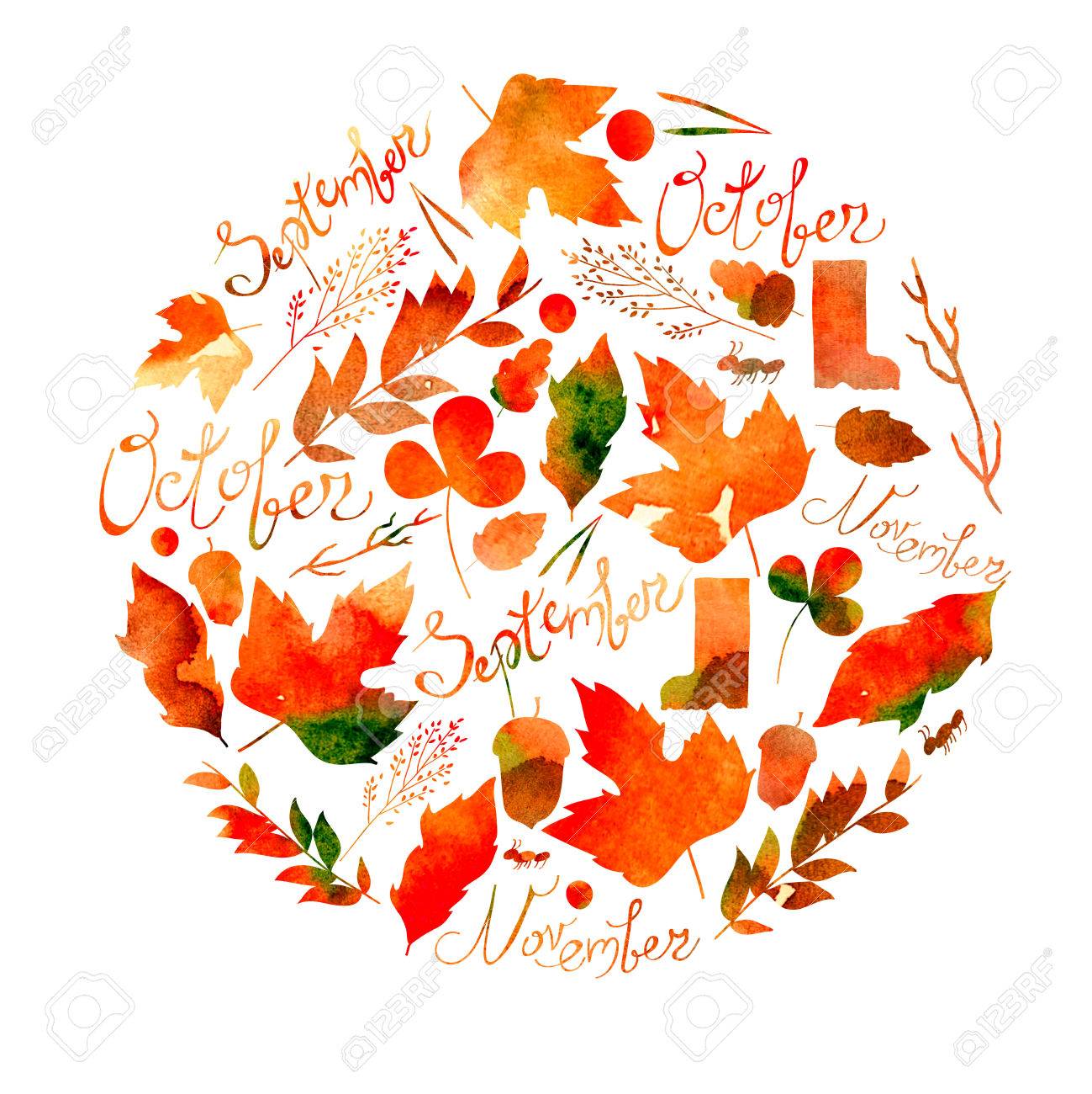 イラストを描いた一連の葉 小枝 果実 花 秋要素 9 月 10 月 11 月の碑文 水彩テクスチャ黄色 赤 オレンジ色のブラウン色 の写真素材 画像素材 Image