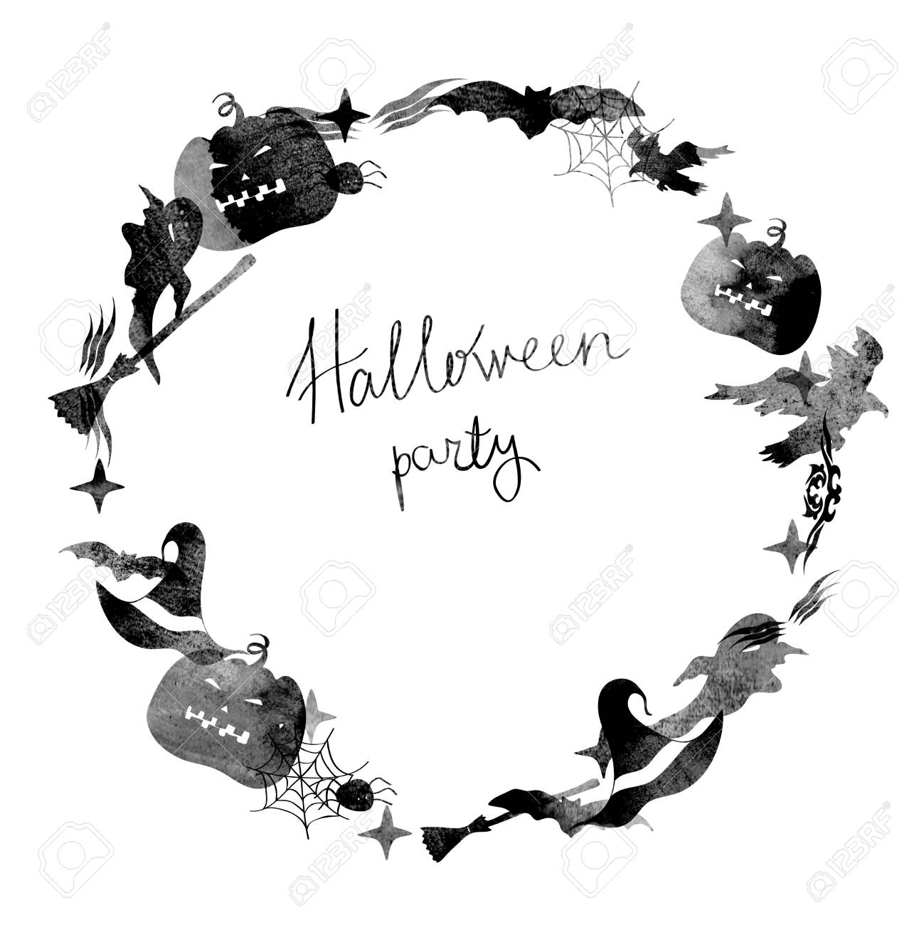 ハロウィーンの休日のためイラスト水彩のフレーム カボチャ ゴースト 帽子 ほうき コウモリ 蜘蛛の巣他ハロウィンやアイテム文字 の写真素材 画像素材 Image