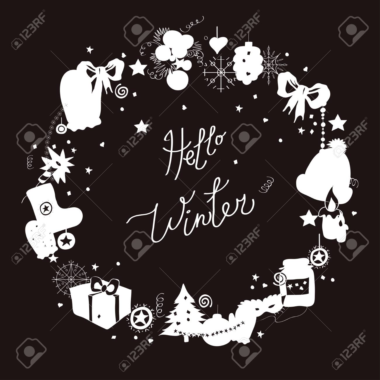 イラスト ベクター フレーム 黒の背景に白のシルエット 冬の要素およびお祝いクリスマス文字のセット キャプションこんにちは冬のイラスト素材 ベクタ Image