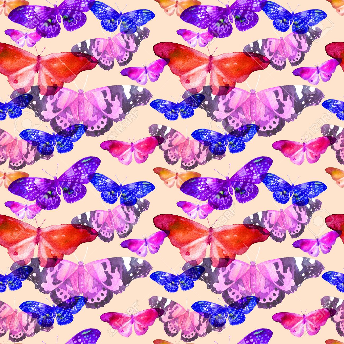 Watercolor Pattern With The Image Of Transparent Butterflies In Blue Red And Violet Colors On A Beige Background Stock Photo Picture And Royalty Free Image Image