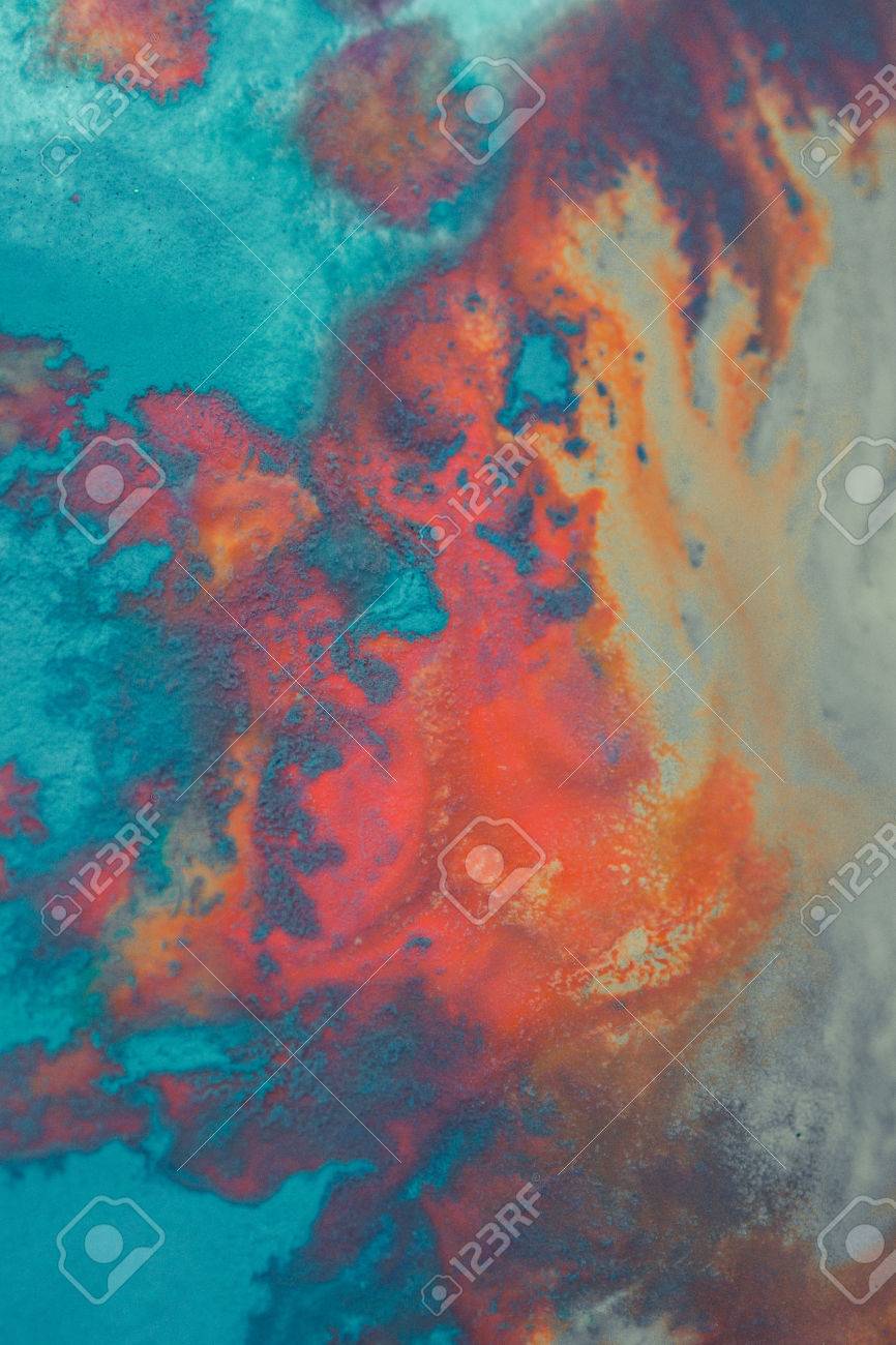 Overflowing Bright Orange And Dark Blue Paint On Paper Shabby