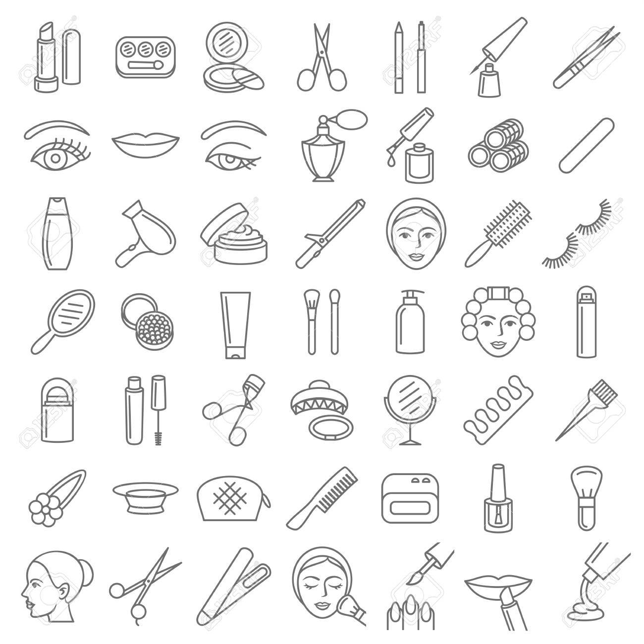 化粧品美容とアイコン薄い線のスタイル 絵文字 シンボル セット メイクアップ のイラスト素材 ベクタ Image