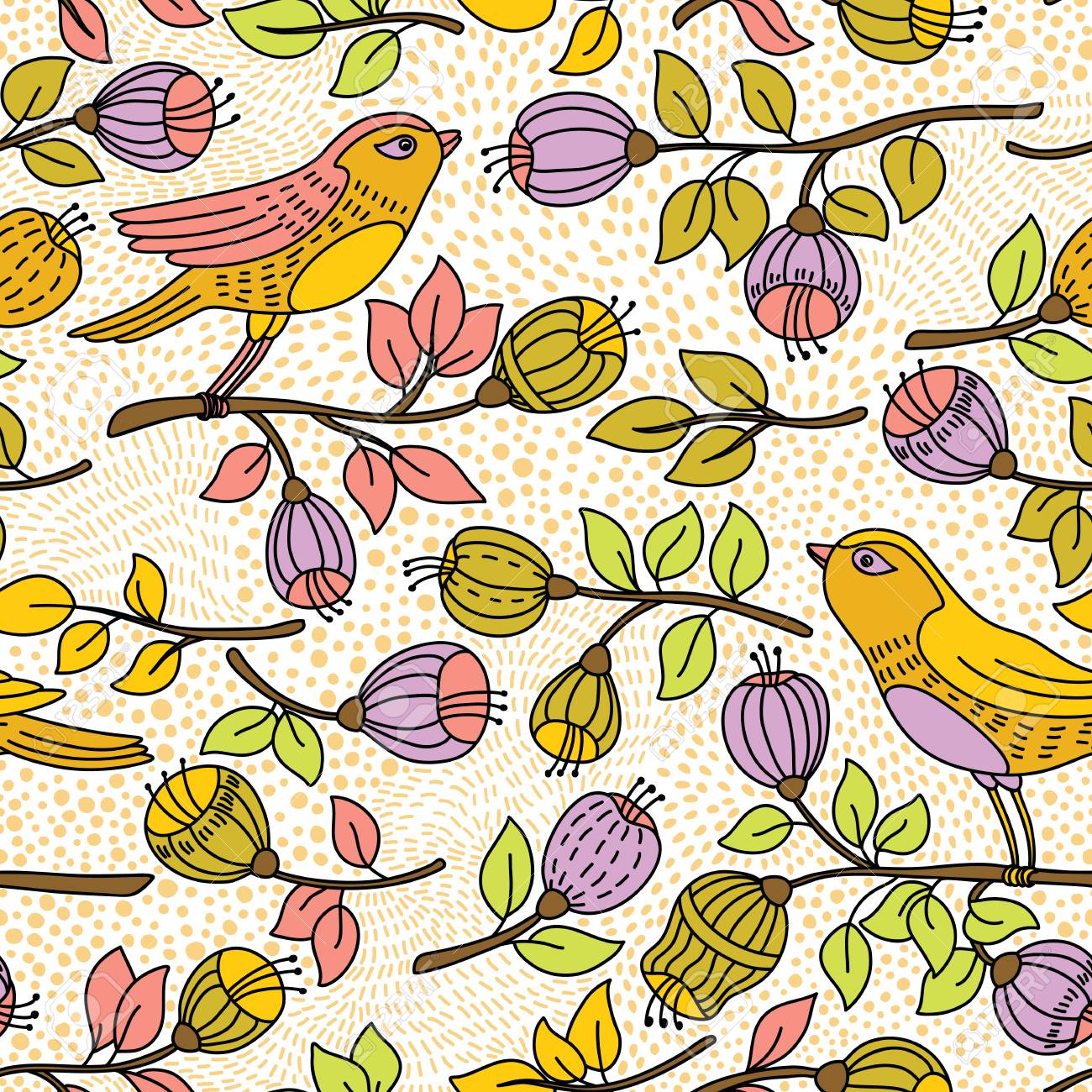 Vector Seamless Pattern With Flower And Birds It Can Be Used For Desktop Wallpaper Or Frame
