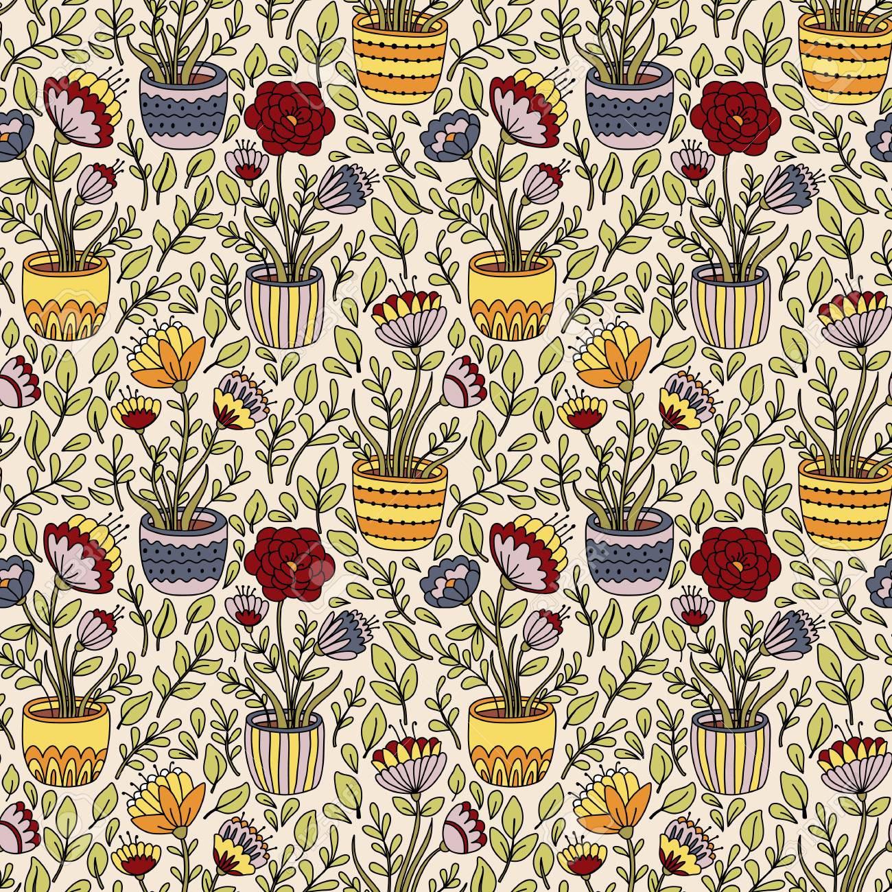 Modèle Sans Couture Florale De Dessin Animé Avec Pot De Fleur