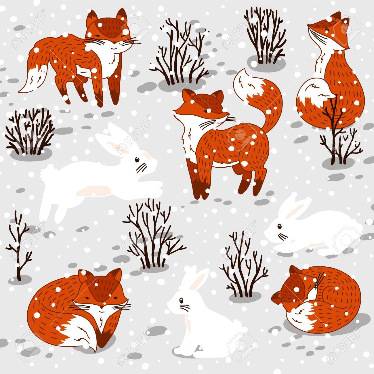 冬イラストかわいいキツネとウサギ のイラスト素材 ベクタ Image