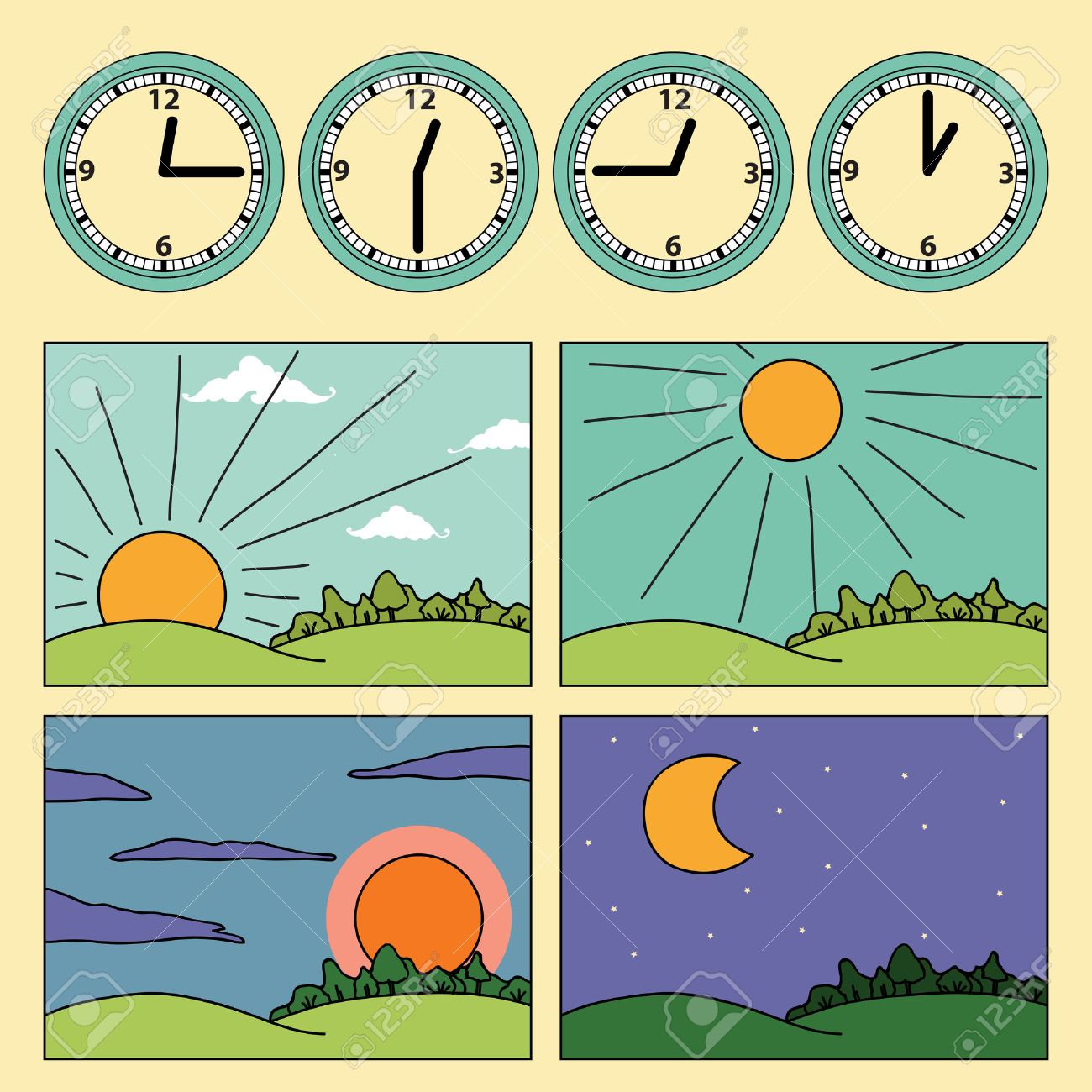 cons with landscapes showing day cycle and clock showing the