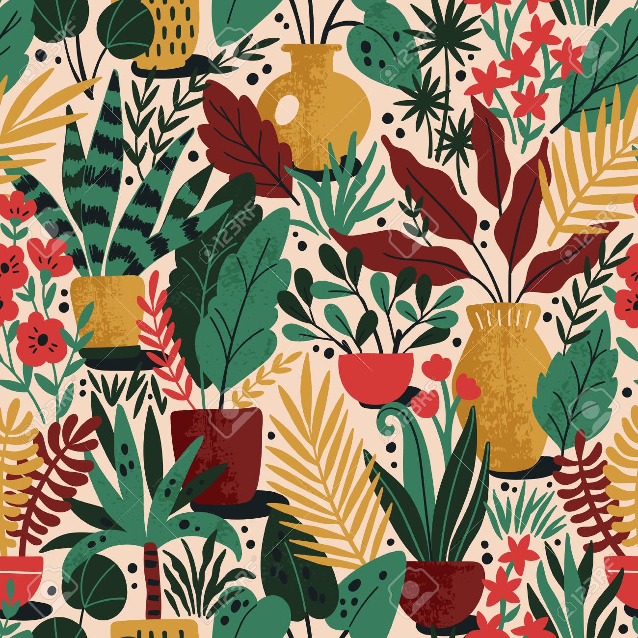 Home plants in ceramic pots vector seamless pattern. Domestic flowers colorful texture. Exotic houseplants in flowerpots illustration - 145775838 Home plants in ceramic pots vector seamless pattern. Domestic flowers colorful texture. Exotic houseplants in flowerpots illustration - 145775838