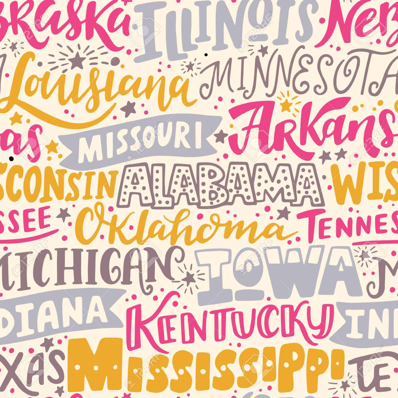 Vector seamless pattern with USA states. Illinois, Nebraska, Louisiana, Arkansas, Missouri, Wisconsin, Alabama, Tennessee, Oklahoma, Michigan, Iowa, Indiana, Kentucky, Texas, Mississippi - 149823756 Vector seamless pattern with USA states. Illinois, Nebraska, Louisiana, Arkansas, Missouri, Wisconsin, Alabama, Tennessee, Oklahoma, Michigan, Iowa, Indiana, Kentucky, Texas, Mississippi - 149823756