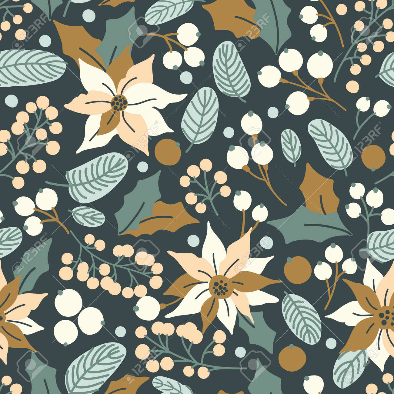 Vector seamless pattern with winter plants - poinsettia, mistletoe, branches of rowan tree with berries, holly leaves. Hand drawn vector illustration for wrapping paper, textile print. - 157868183 Vector seamless pattern with winter plants - poinsettia, mistletoe, branches of rowan tree with berries, holly leaves. Hand drawn vector illustration for wrapping paper, textile print. - 157868183