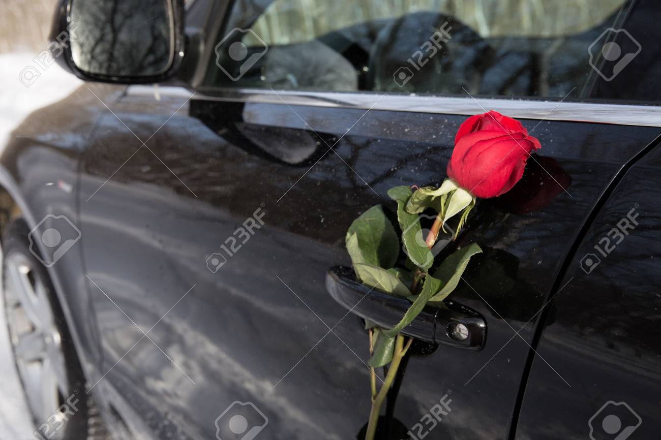 Beautiful Red Rose At The Black Car Door Handle Stock Photo