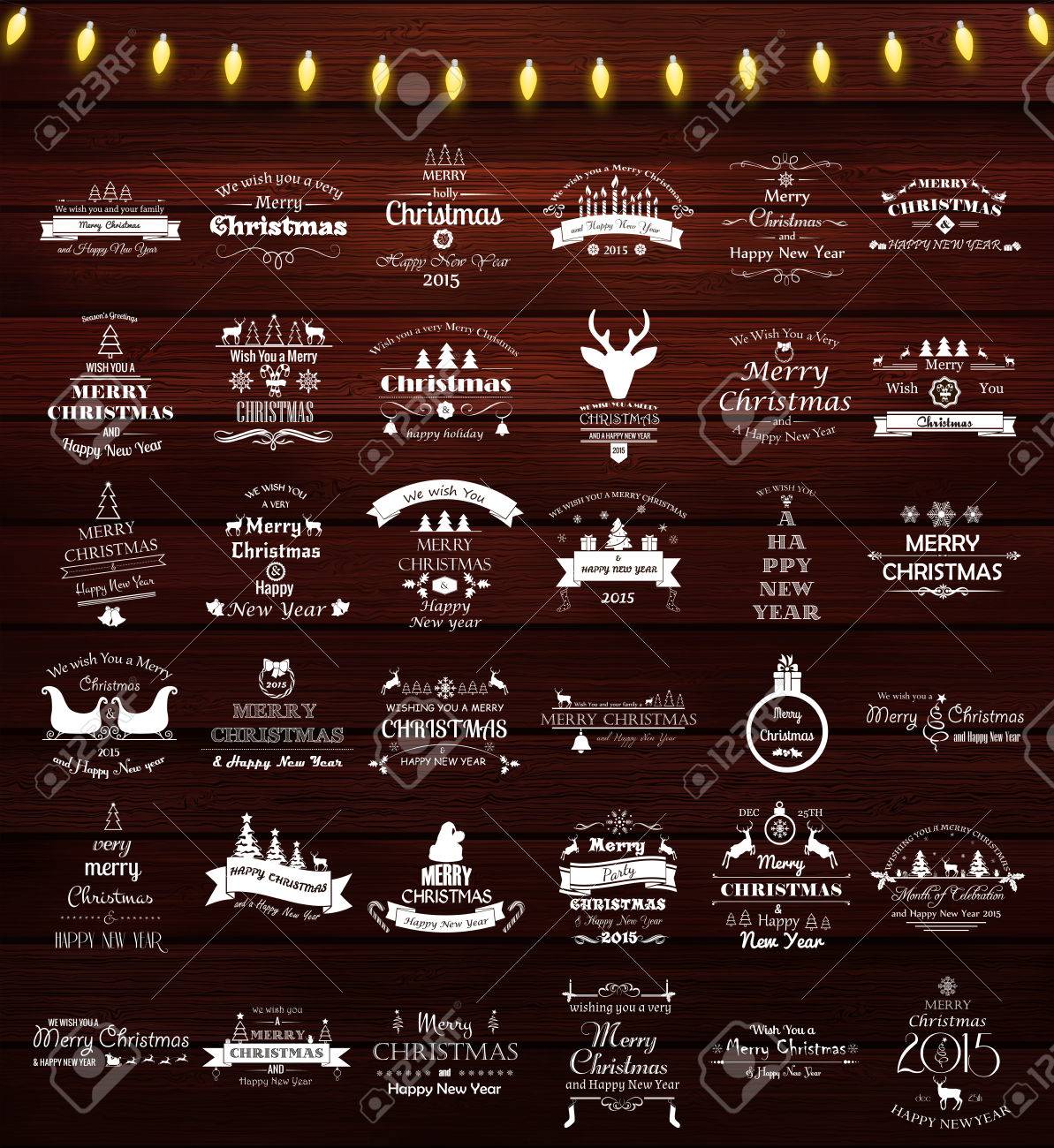 Disegni Di Natale E Capodanno.Vettoriale Vector Set Di 36 Elementi Retro Per I Disegni Di Natale Calligrafici Etichette D Epoca Ed Emblemi Per Le Vacanze Di Natale E Capodanno Su Sfondo Di Legno Image 32746939