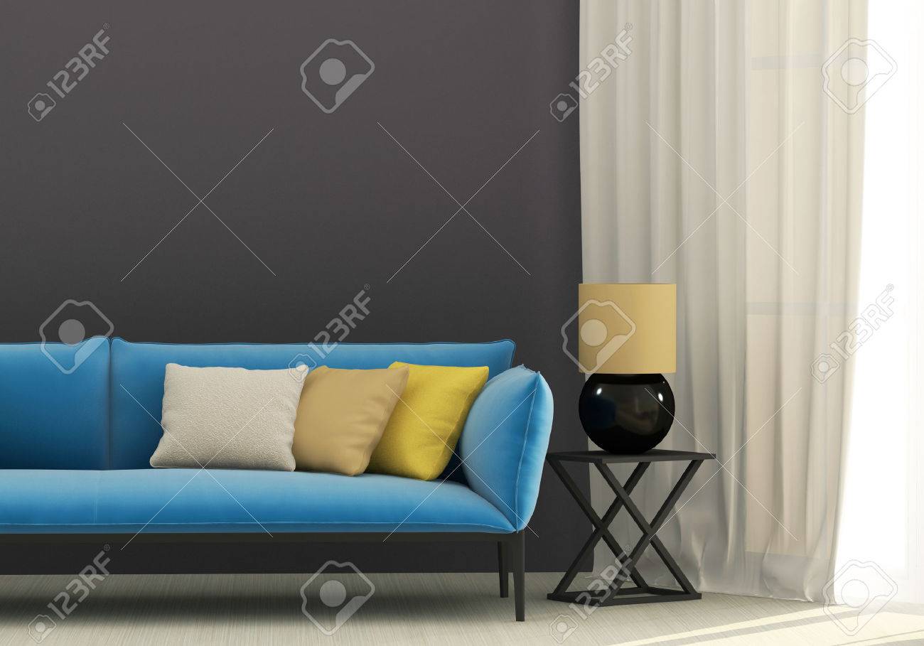 Intérieur Gris Avec Canapé Bleu Et Coussins Jaunes Banque D\'Images ... Intérieur Gris Avec Canapé Bleu Et Coussins Jaunes Banque D\'Images ...