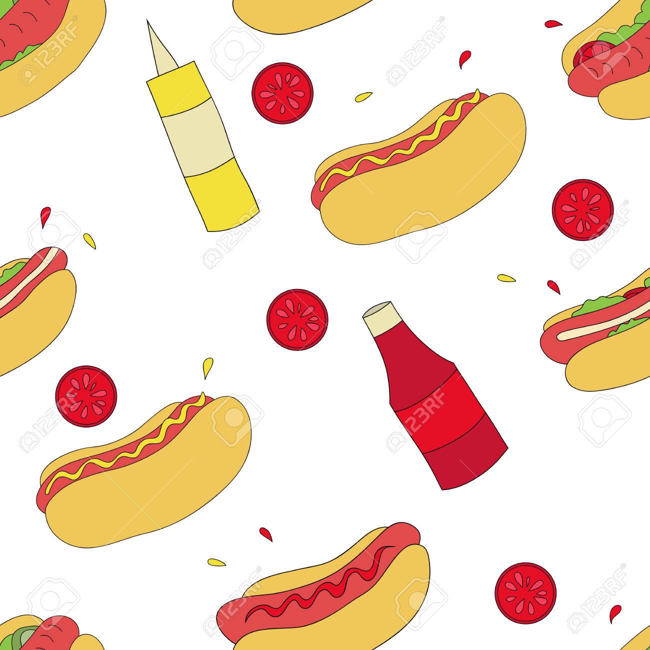 Hand Drawn Illustration Of Cute Seamless Pattern With Hot Dogs And Sauces Royalty Free Cliparts Vectors And Stock Illustration Image