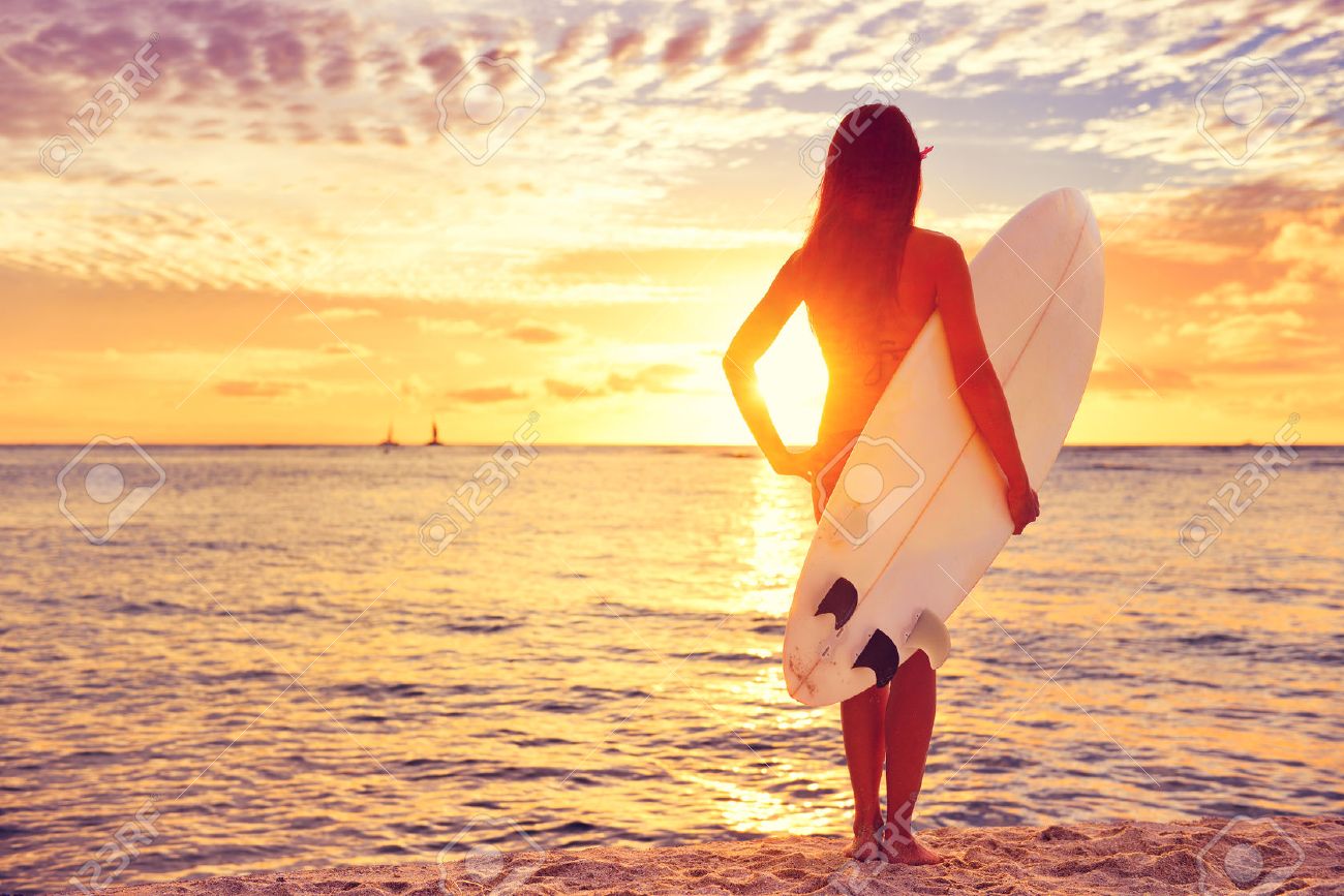 Surfer Girl Surfing Looking At Ocean Beach Sunset Beautiful Stock Photo Picture And Royalty Free Image Image