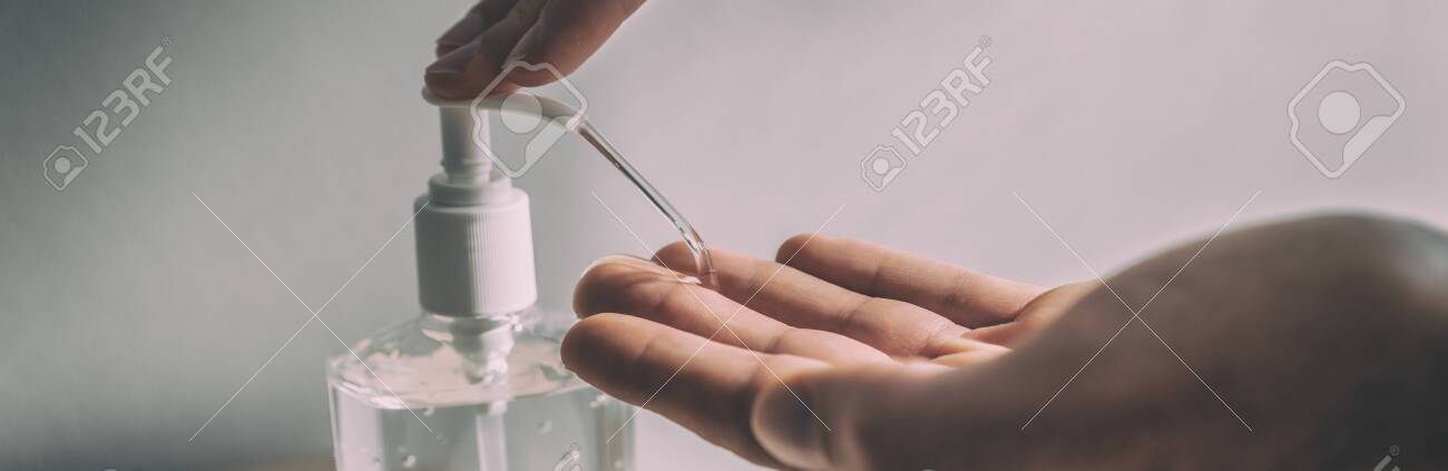 Hand sanitizer alcohol gel rub cleaning hands for hygiene prevention of virus pandemic banner panoramic header. - 141627514 Hand sanitizer alcohol gel rub cleaning hands for hygiene prevention of virus pandemic banner panoramic header. - 141627514