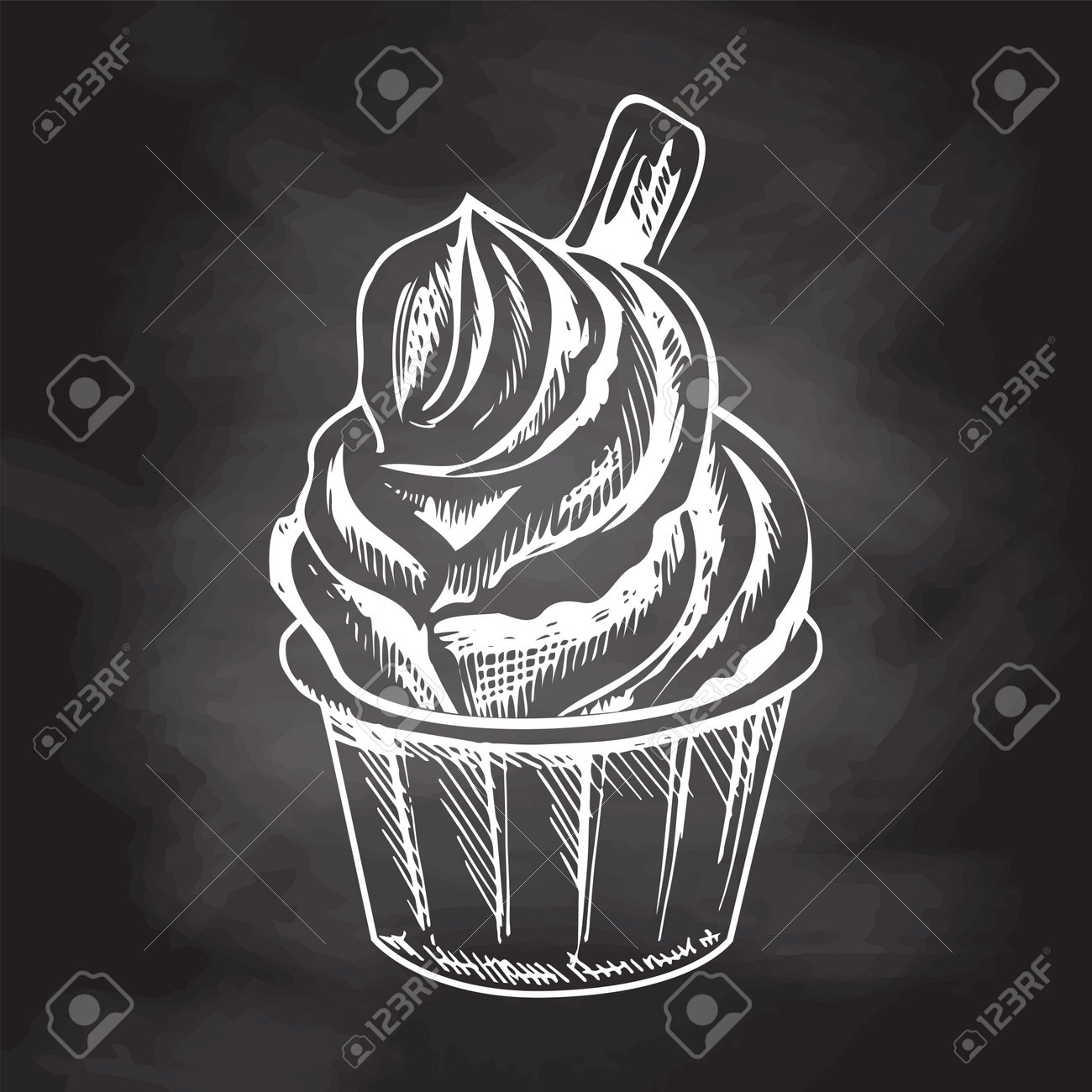 A Hand-drawn White Sketch Of Frozen Yogurt Or Soft Ice Cream In A Cup  Isolated On Chalkboard Background. Vintage Illustration. Element For The  Design Of Labels, Packaging And Postcards. Клипарты, SVG, векторы,