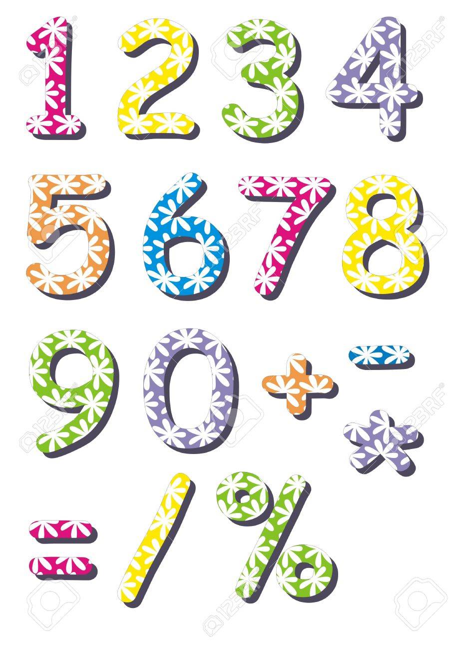 白い花のカラフルな数字 白い花のパターンと異なる色で春に文字のセット の写真素材 画像素材 Image