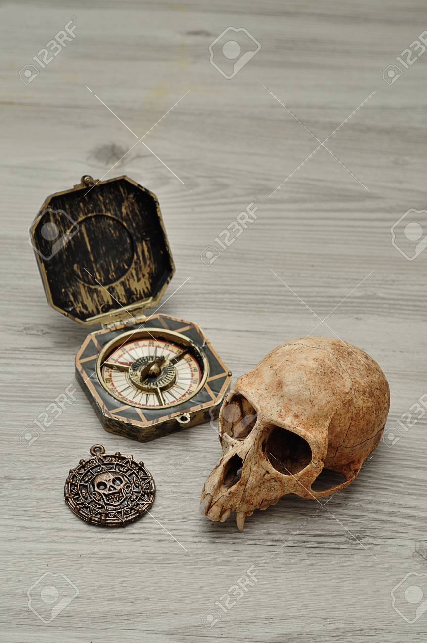 猿の頭蓋骨を持つ海賊ゲームのためのコンパスと海賊コインのおもちゃの写真素材・画像素材 Image 97475527