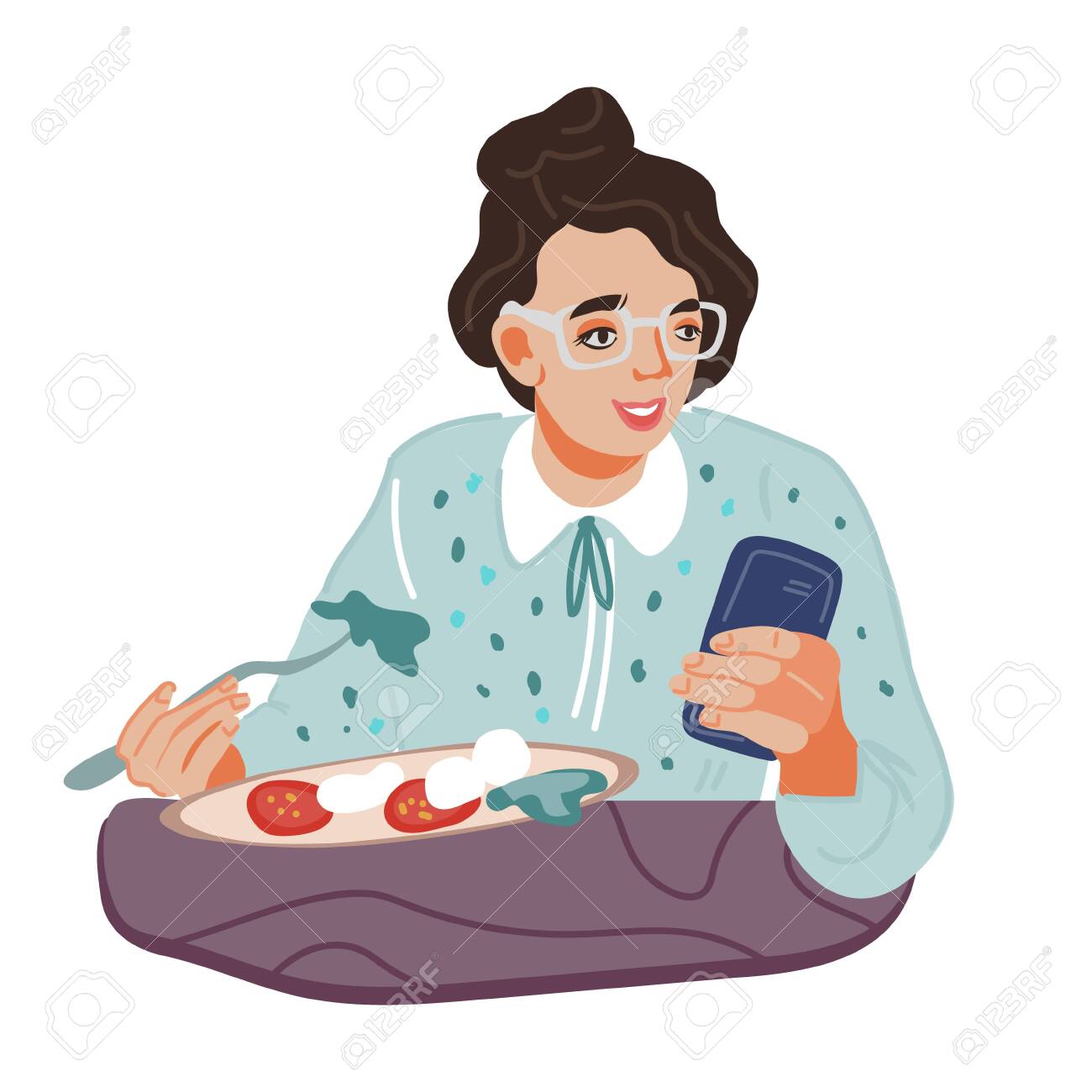 Business Woman Cartoon Character Eating And Looking At Smartphone, Flat  Isolated Vector Illustration. Young Girl Having Lunch Break In A Restaurant  Or Cafe. Healthy Eating And Modern Lifestyle. Royalty Free SVG, Cliparts,, image size:1300x1300