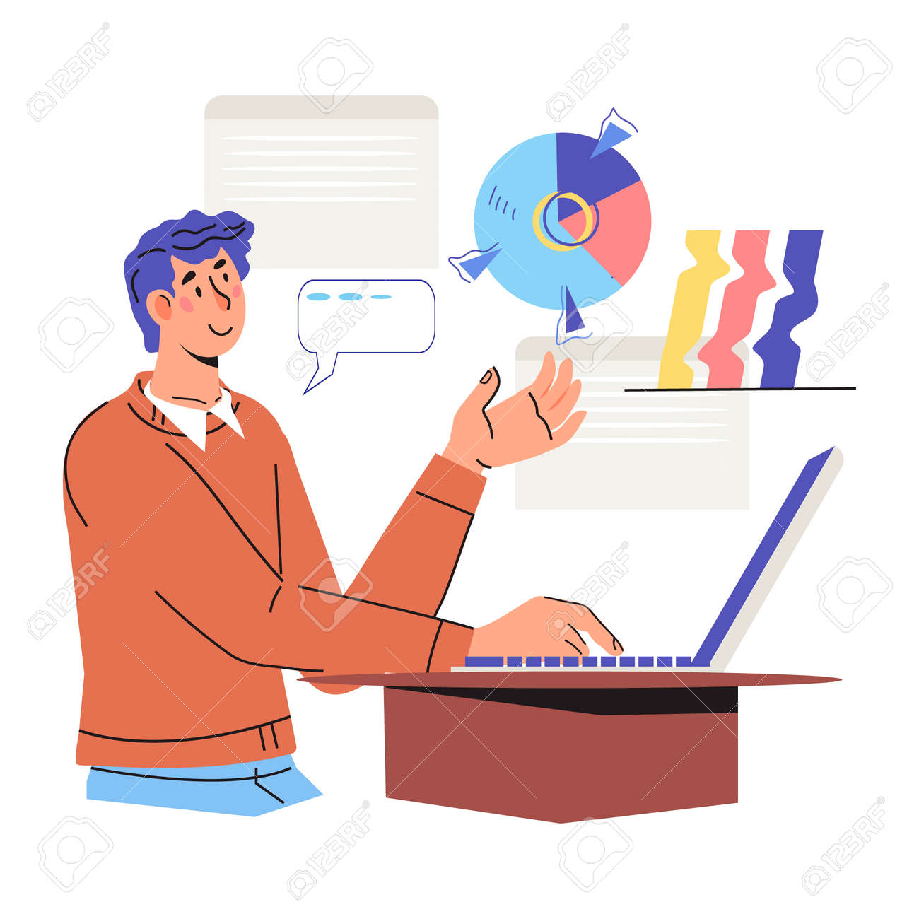 Business Man Working At Home Or Office At Laptop. Online Business  Management, Freelance Work Or Home Office Concept, Flat Cartoon Vector  Illustration Isolated On White Background. Royalty Free SVG, Cliparts,  Vectors, and, image size:1300x1300