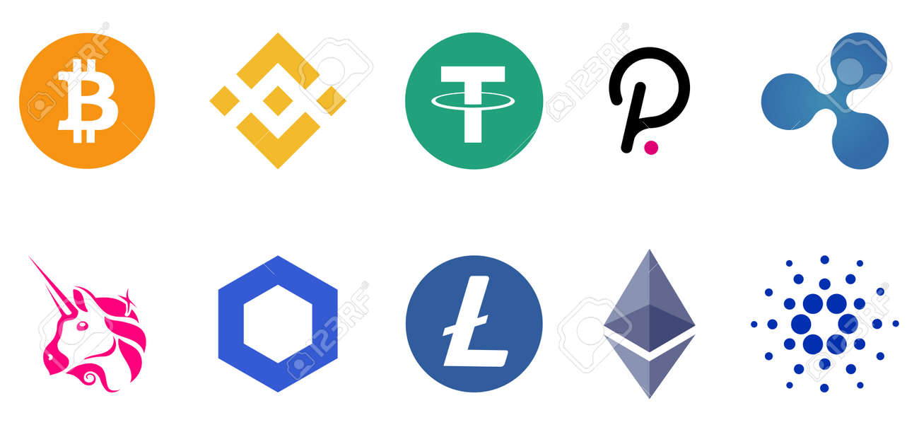 暗号通貨アイコンのセット。ビットコイン、イーサリアム、バイナンス、テザー、XRP、ポルカドットカルダノユニスワップライトコインチェーンリンク編集ベクトルイラストのイラスト素材・ベクター  Image 172039921