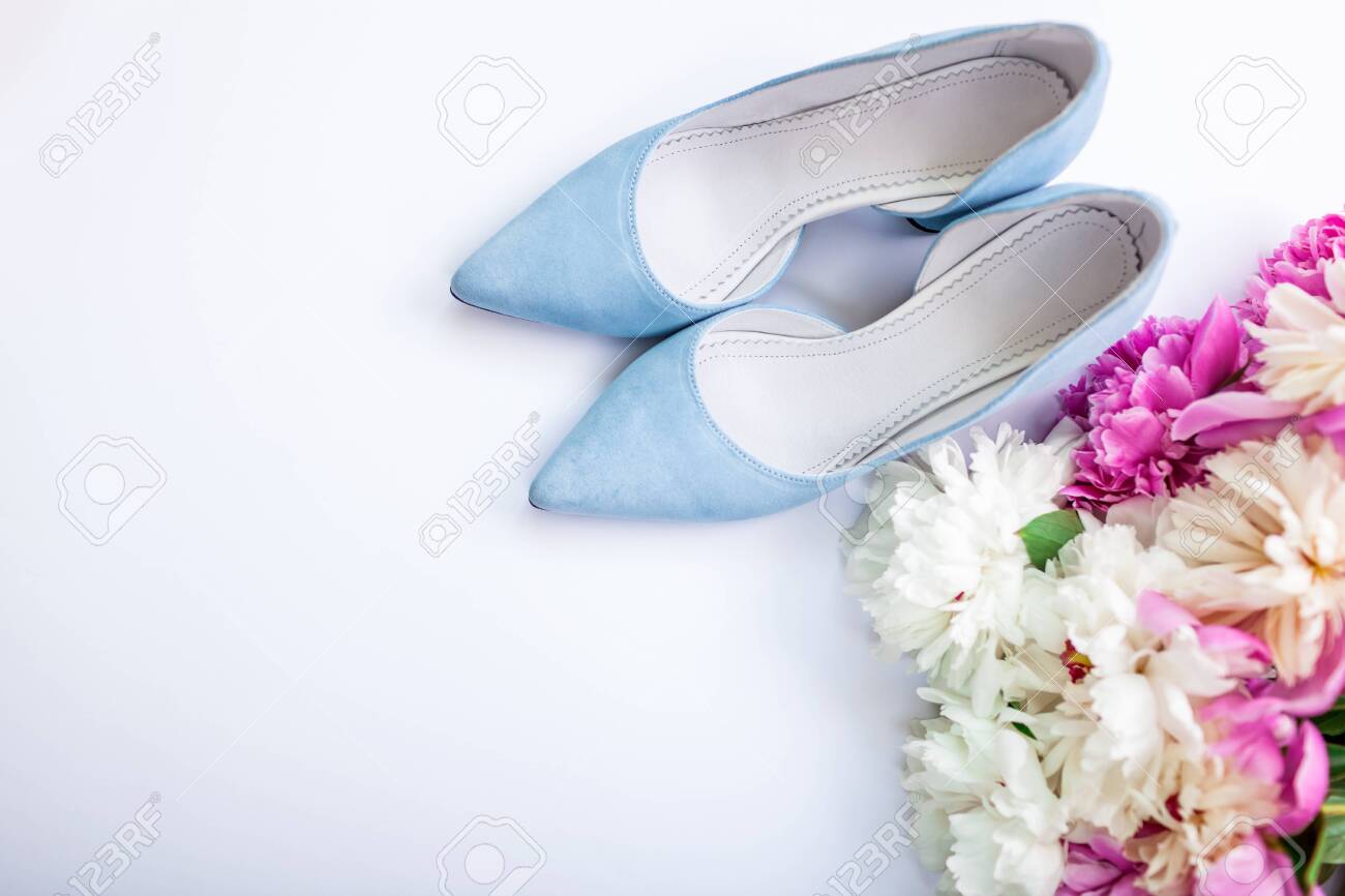 white and blue wedding shoes