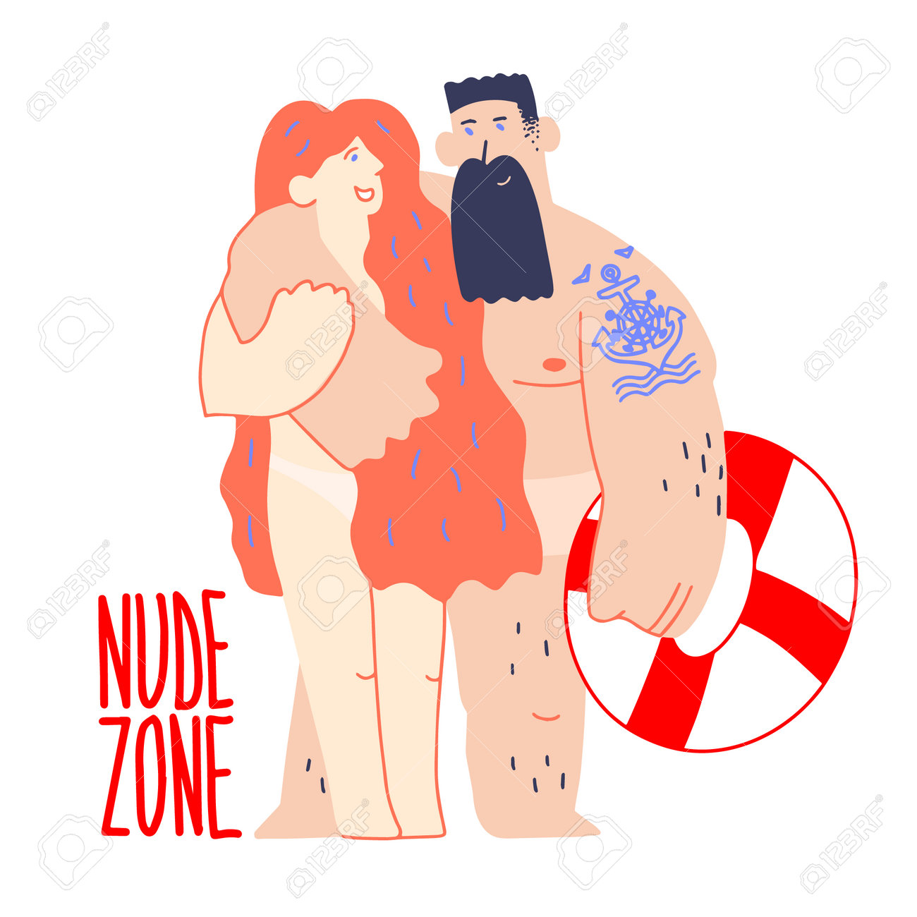 nude zone ヌーディストビーチ。ヌードゾーン。ヌーディストコミュニティのためのリゾート。水着なしのカップル。夏に海でリラックスする裸の人々。あごひげを生やした男、赤毛の女の子。のイラスト素材・ベクター  Image 171282007