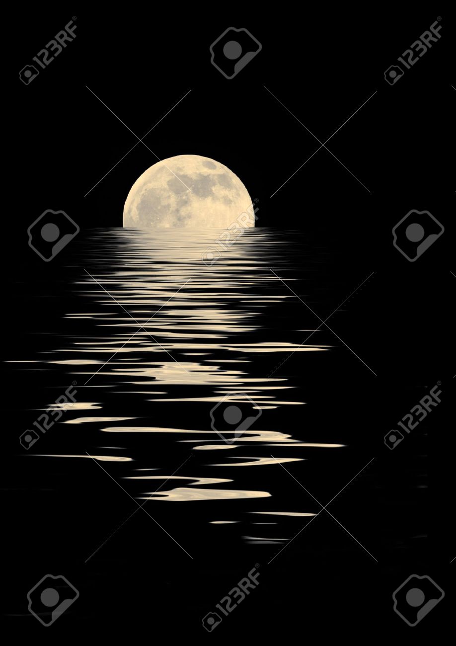 Golden Full Moon On The Spring Equinox With Reflection In Rippled Water Over Black Background Stock Photo Picture And Royalty Free Image Image