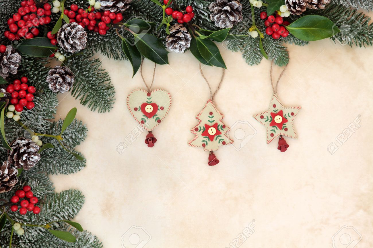old fashioned christmas tree decorations with winter floral border old fashioned christmas tree decorations with winter floral border