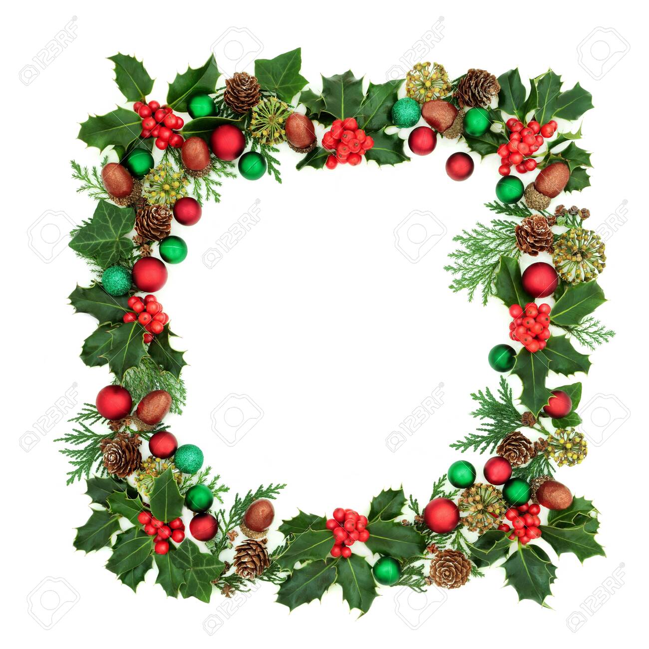 Square Christmas Wreath Decoration With Holly Red Green Bauble Stock Photo Picture And Royalty Free Image Image 149593420