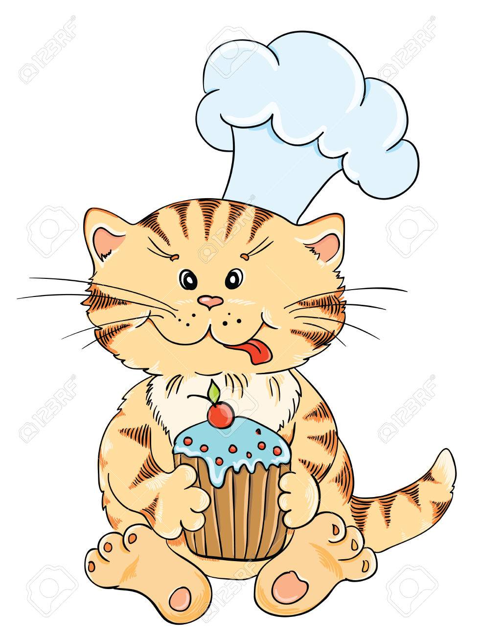 Cartoon Chef Chat Avec Le Gateau Clip Art Libres De Droits Vecteurs Et Illustration Image