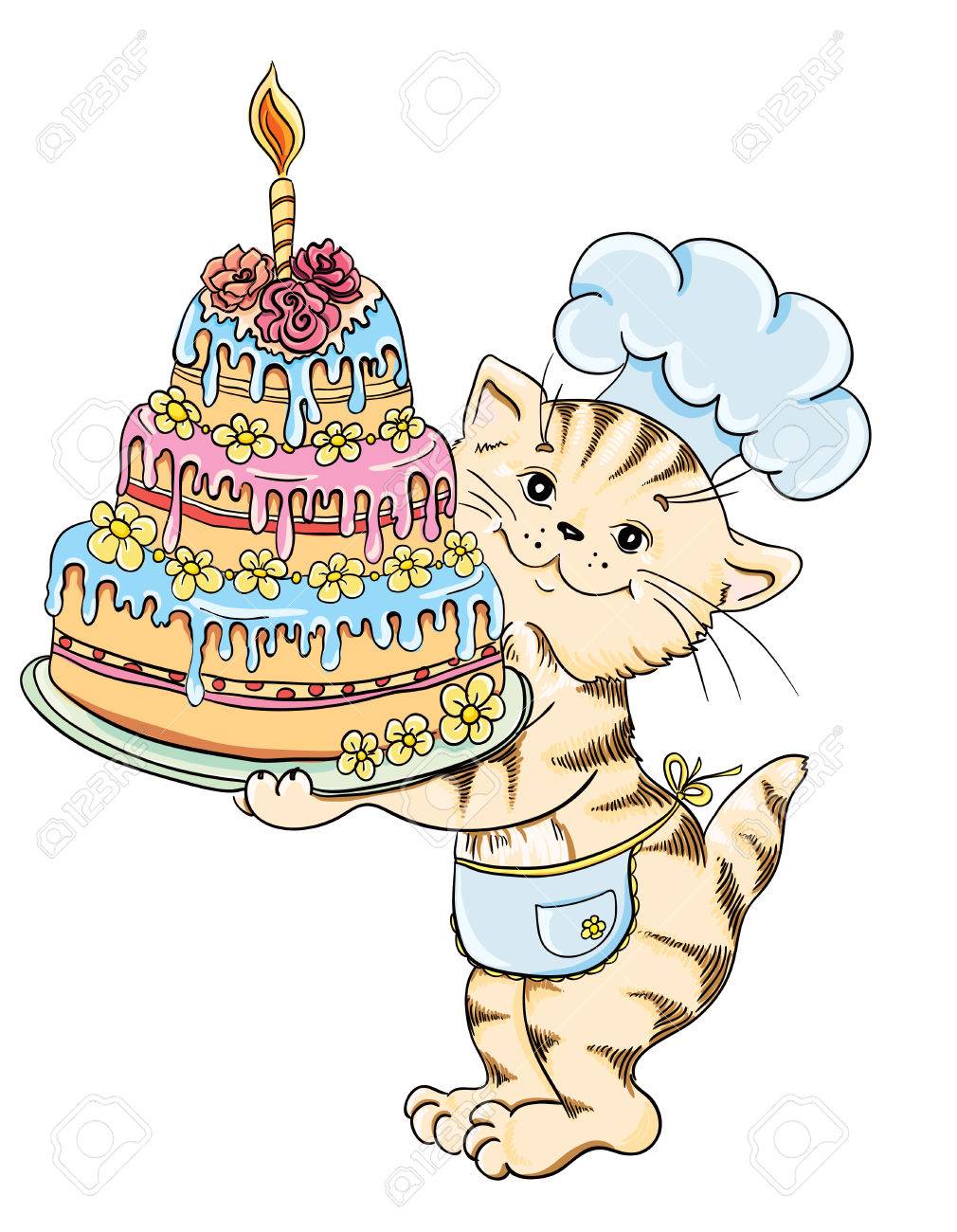 漫画猫シェフの誕生日ケーキのイラスト素材 ベクタ Image