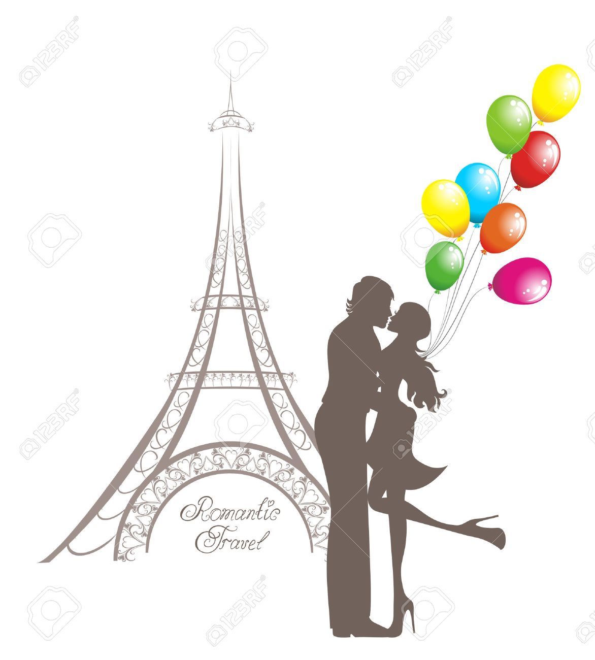 ハネムーンやロマンチックな旅行 幸せな若い恋人のカップルがエッフェル塔 パリ フランスの前でキスします のイラスト素材 ベクタ Image