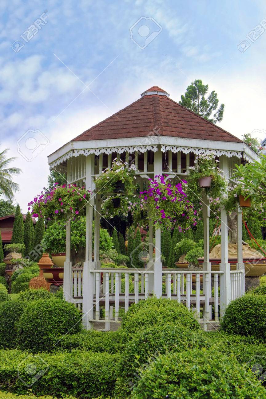 Outdoor Wooden Gazebo With Flowers In A Beautiful Garden Stock Photo 28331745 Outdoor Wooden Gazebo With Flowers In A Beautiful Garden Stock Photo 28331745