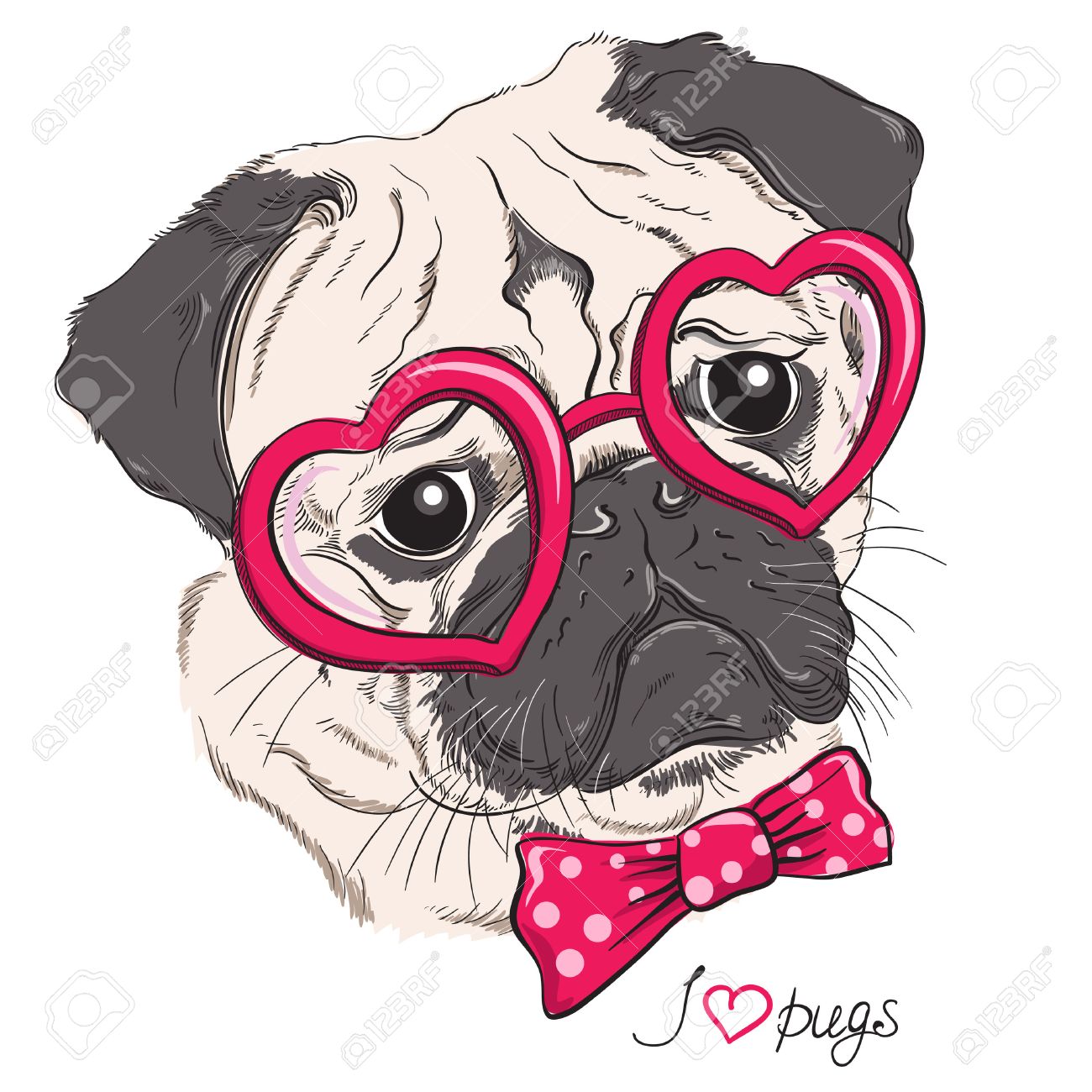 Fashion portrait of pug dog hipster in hearts glasses isolated on white. Vector hand drawn illustration - 32257338 Fashion portrait of pug dog hipster in hearts glasses isolated on white. Vector hand drawn illustration - 32257338