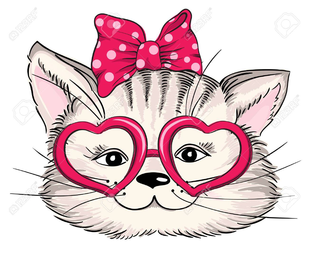 Fashion portrait of hipster cat in hearts glasses isolated on white. Vector hand drawn illustration - 33223657 Fashion portrait of hipster cat in hearts glasses isolated on white. Vector hand drawn illustration - 33223657