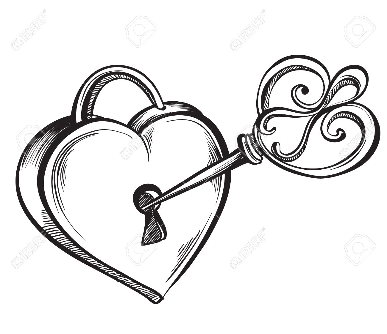 Valentine heart. Key lock in the shape of a heart. Hand drawn sketch style, vector illustration. - 53584971 Valentine heart. Key lock in the shape of a heart. Hand drawn sketch style, vector illustration. - 53584971