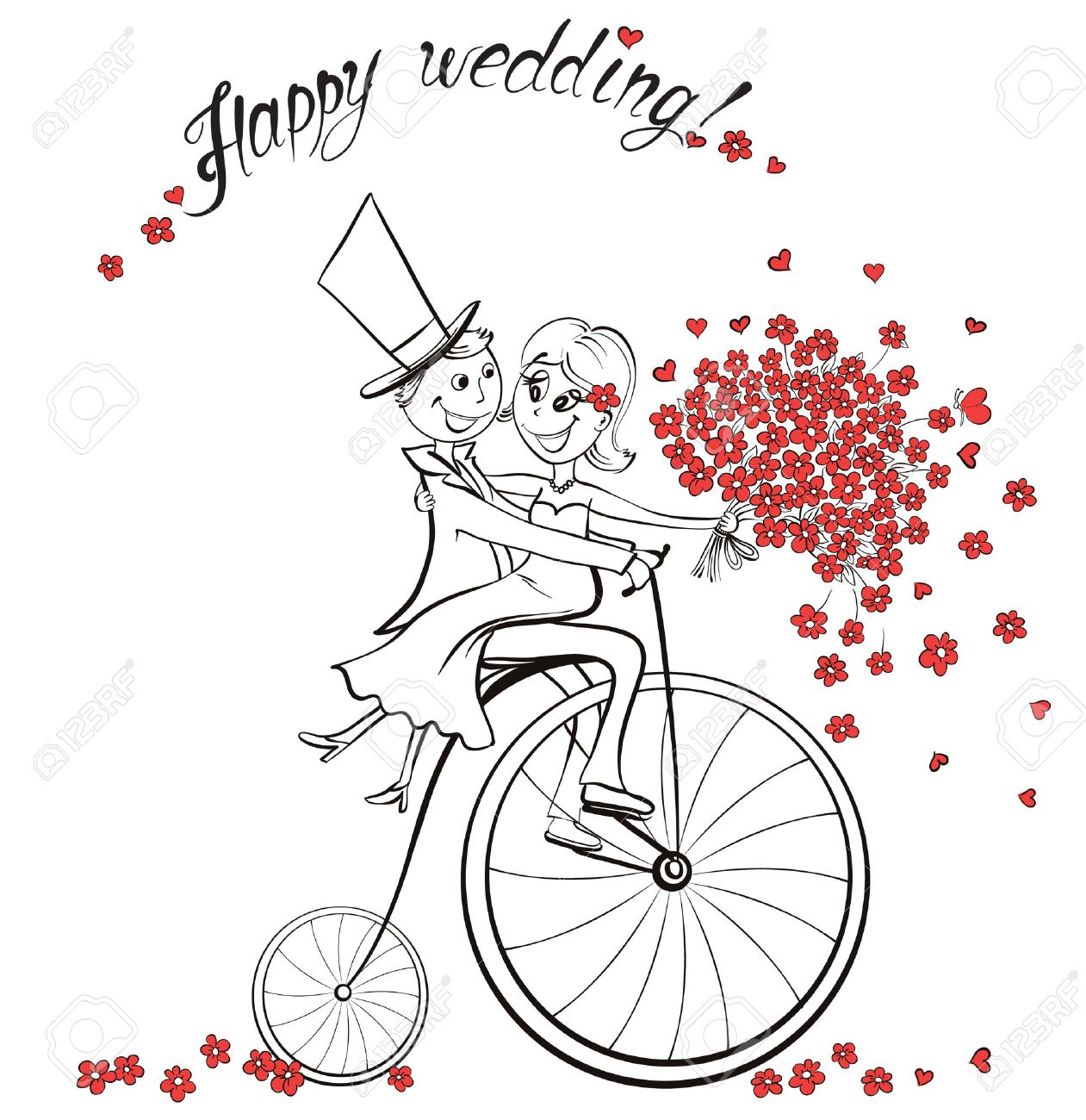 Just married. Hand drawn wedding couple in love on bicycle. Cute cartoon vector illustration - 53584973 Just married. Hand drawn wedding couple in love on bicycle. Cute cartoon vector illustration - 53584973